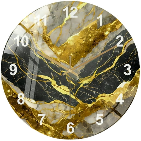 Round Glass Wall Clock, Glass Marble Style Wall Clock Wall Art, Gold Shades Tempered Glass Wall Clock for Kitchen, Modern Housewarming Gift , Unique Home Decor Style 12×12inch