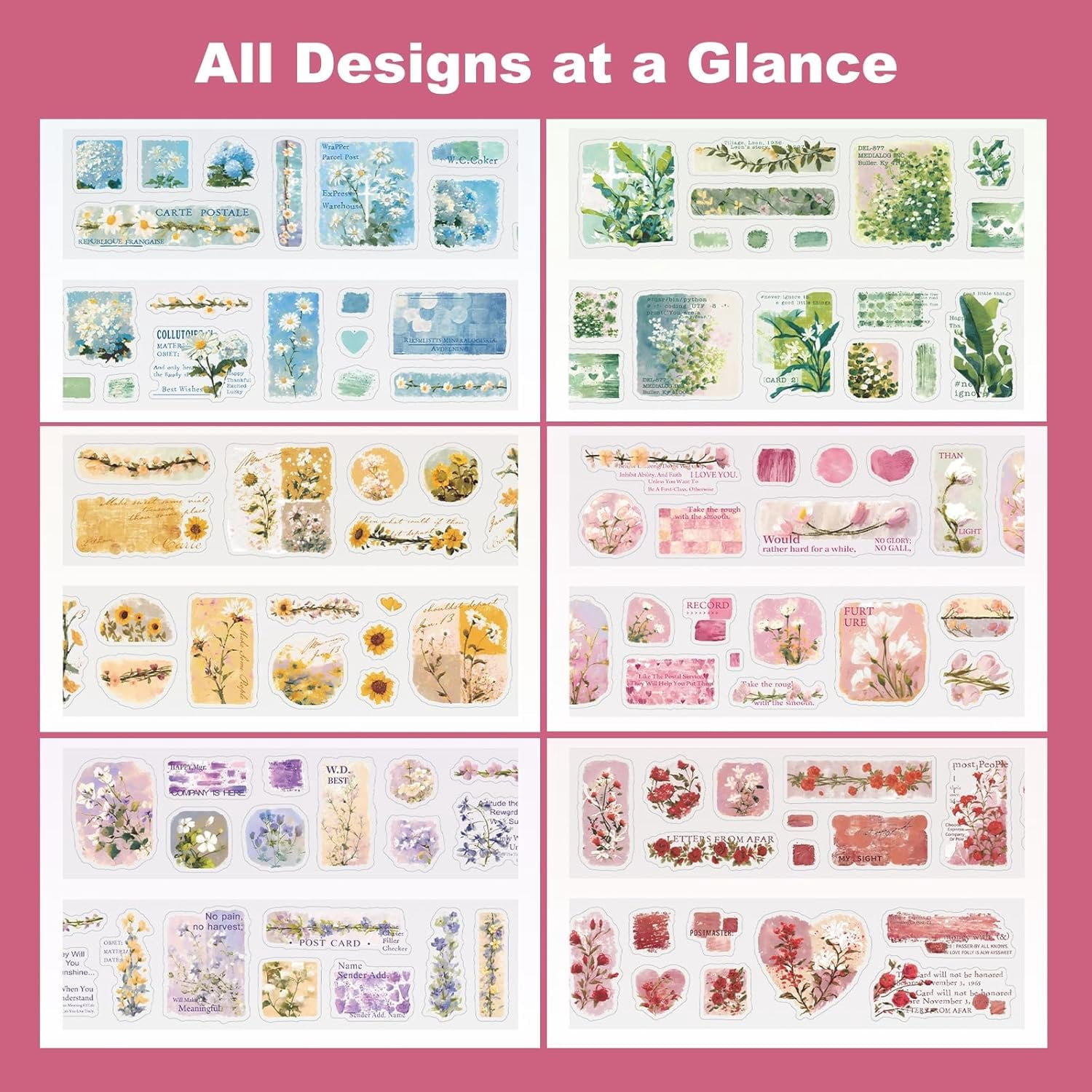 6 Rolls Floral Pre-Cut PET Sticker Tape Set, 1.97in x 78.7in Each,  Botanicals & Script for Scrapbook Journals, Planners, DIY Decor