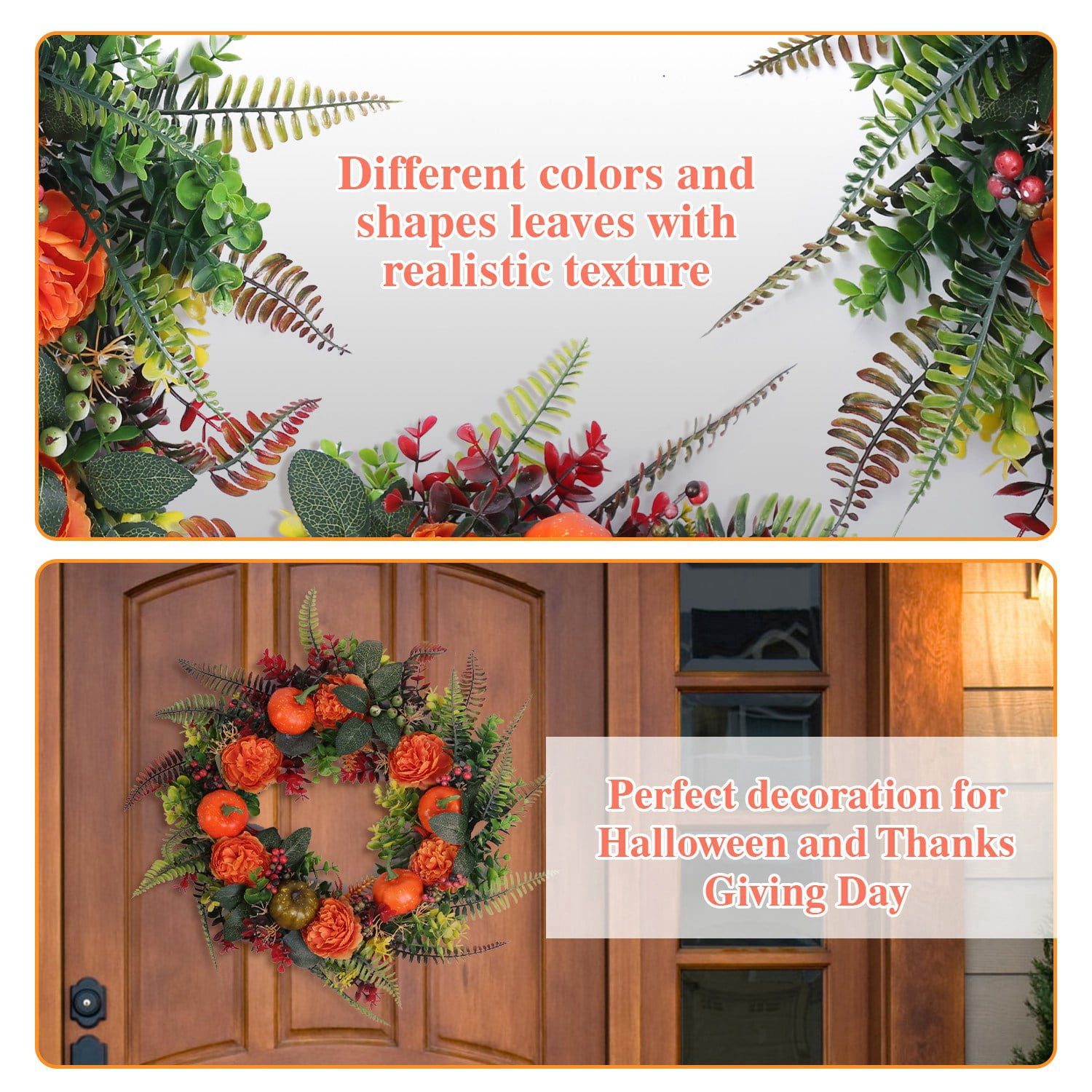17.71 Inch Fall Artificial Wreath, PE Autumn Wreath with Pumpkins Berries and Leaves, Seasonal Hanging Ornament for Front Door Wall Window Thanksgiving Halloween Decor