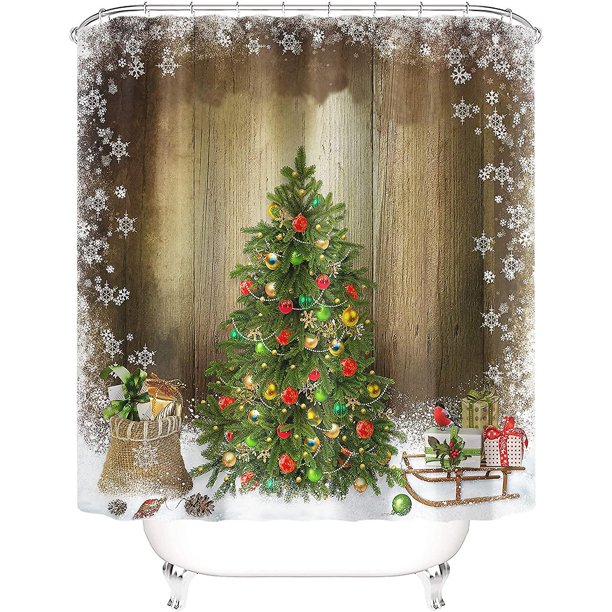 Cortinas de ducha Taysta Feliz Navidad, decoración de abeto verde para invierno, regalos de Navidad, copos de nieve, diseño marrón, decoración de baño 66 & quot; Por 72 & quot; S Feliz Sencillez