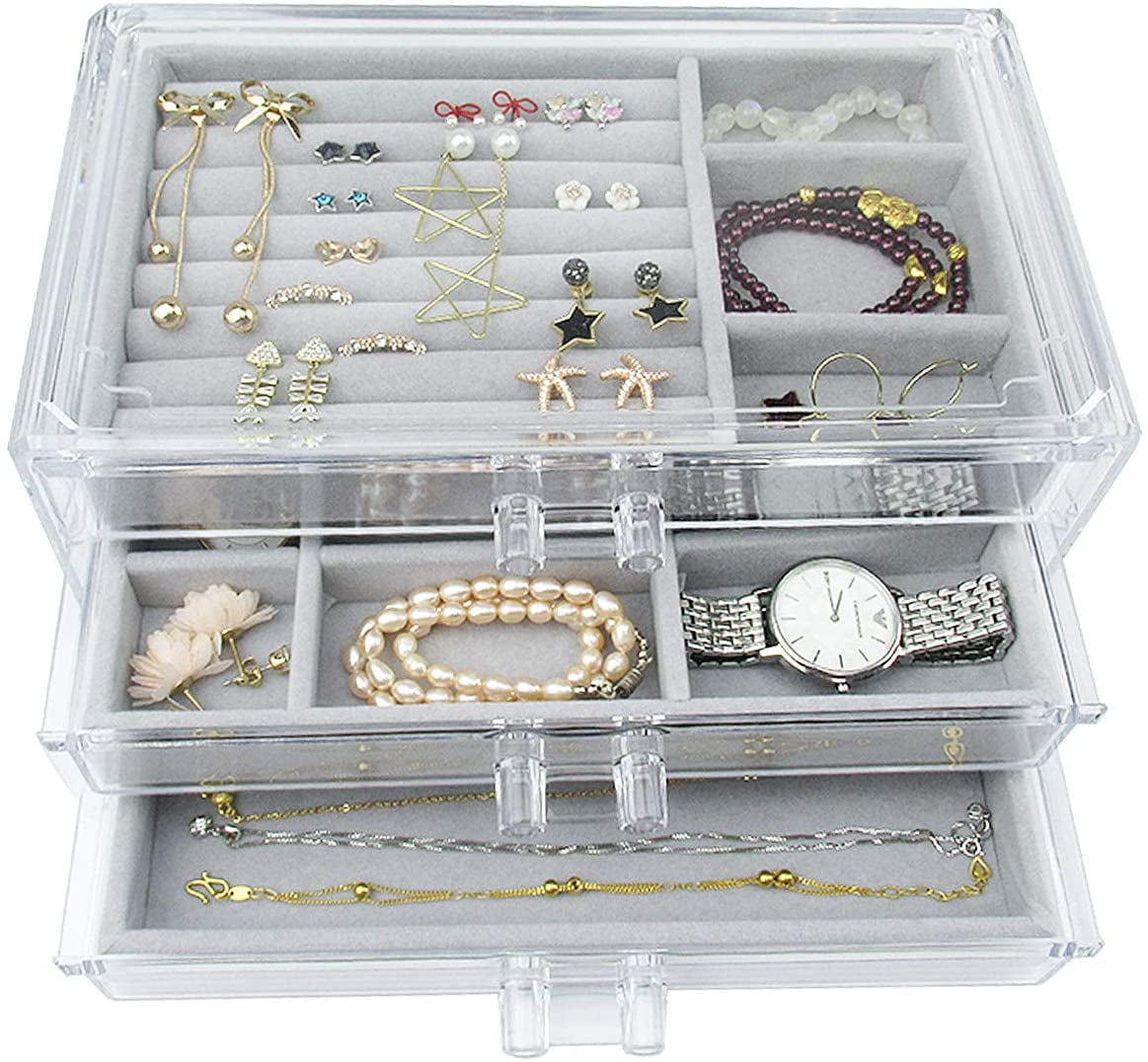 Yapicoco Acrylic Clear Jewelry Organizer Box 3 Drawers, Velvet Jewelry Storage, Earring Rings Necklaces Bracelets Storage Display Case Gift for Women, Girls
