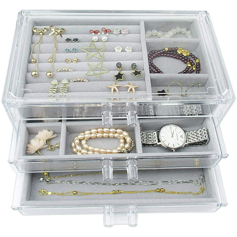 Yapicoco Acrylic Clear Jewelry Organizer Box 3 Drawers, Velvet Jewelry Storage, Earring Rings Necklaces Bracelets Storage Display Case Gift for Women, Girls