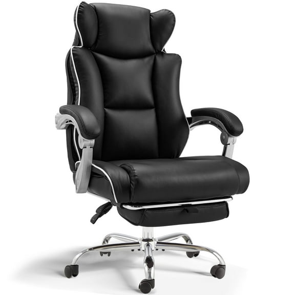 zzw PU Leather High Back Ergonomic Executive Office Chair with Adjustable Lumbar Support and Headrest and Retractable Footrest, Black