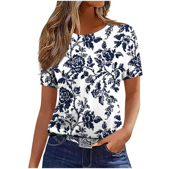 Staron Women's Casual Printed T-Shirt Round Neck Short Sleeve Loose Fit Basic Top for Party Vacation Travel, Navy XL