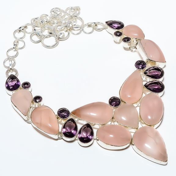Rose Quartz - Madagascar & Amethyst 925 Silver Plated Necklace 17.99" TN24-442, Valentine's Day Gift, Birthday Gift, Beautiful Jewelry For Woman