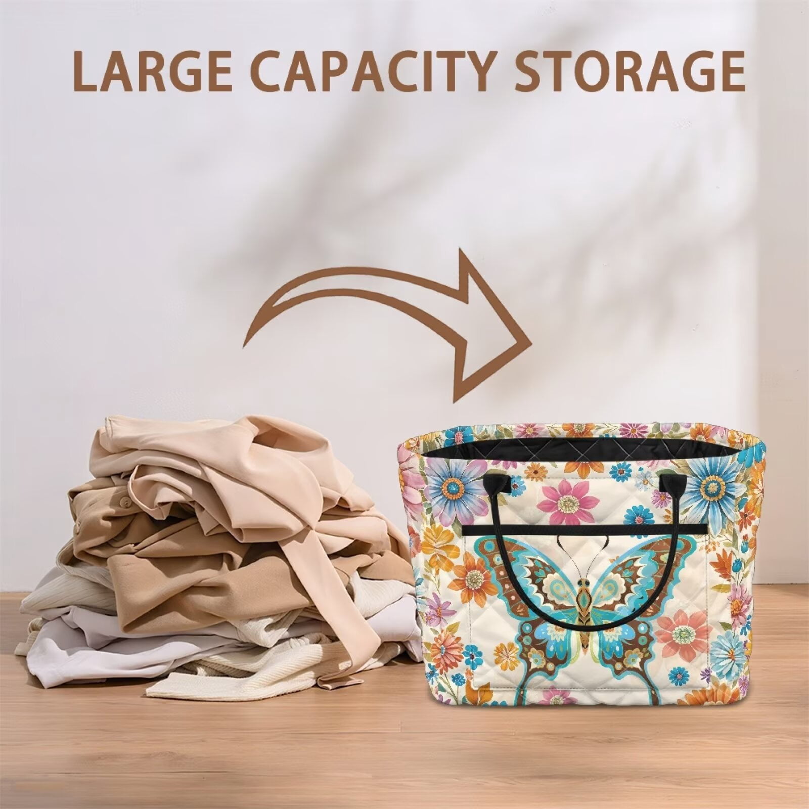 Yuyamidu Colorful Butterfly Storage Basket Fabric with Handles Quilted Basket Large Capacity Laundry Basket Portable Folding Storage Nursery Organizer Bin for Clothes Toys