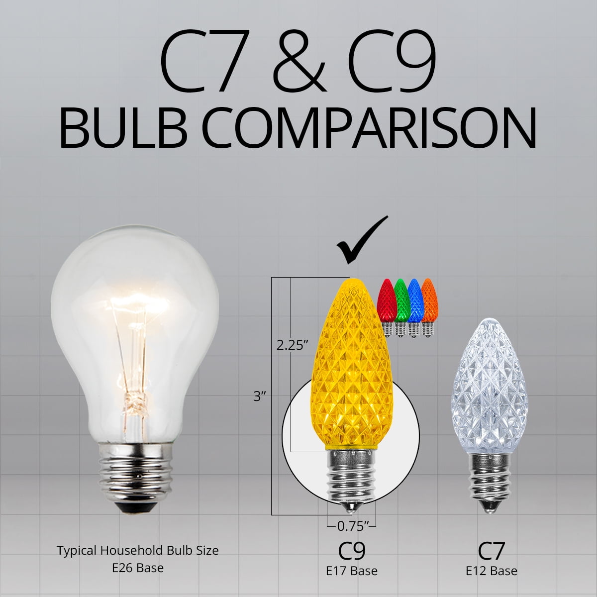 Kringle Traditions LED Christmas Light Bulbs, LED Bulbs Christmas LED Light Replacement Bulbs, Pack of 25, Dimmable SMD Shatter Resistant (Multicolor, C9 Bulbs / E17 Base)