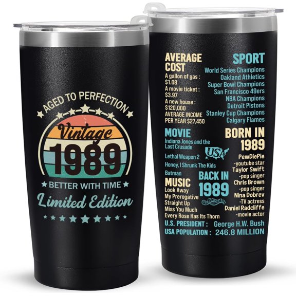 35th Birthday Gifts for Women Men 35 Years Old Gifts- 20 oz Double-sided Vintage 1989 with Time Information Tumbler Cup(black) Turning 35