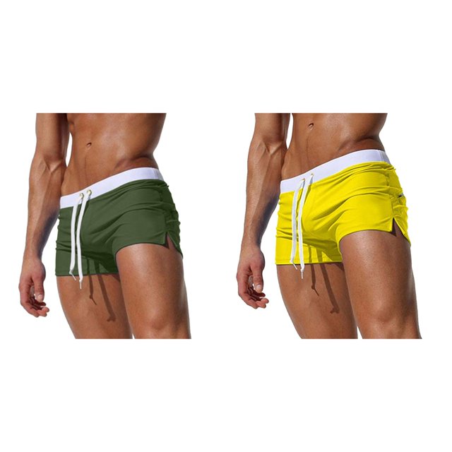 2 Pack(Yellow 1PCS & GN2 1PCS) Multipack Microfiber Shorts Male Spring and Summer Short Color Matching Shorts Zipper Pocket Slit Trousers Legs Beach Swimming Sports Shorts