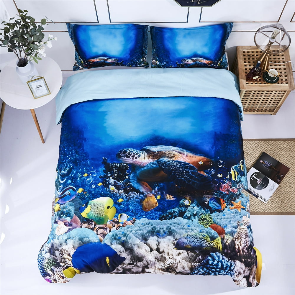 3d Bedding Set 3 Piece Queen Size Turtle In Sea Print Duvet Cover With 