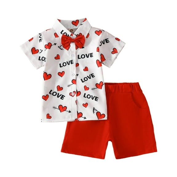 Toddler Boys Outfits Short Sleeve Lapel Heart Print Shirt and Shorts Set Valentine's Day Clothes 2 Piece