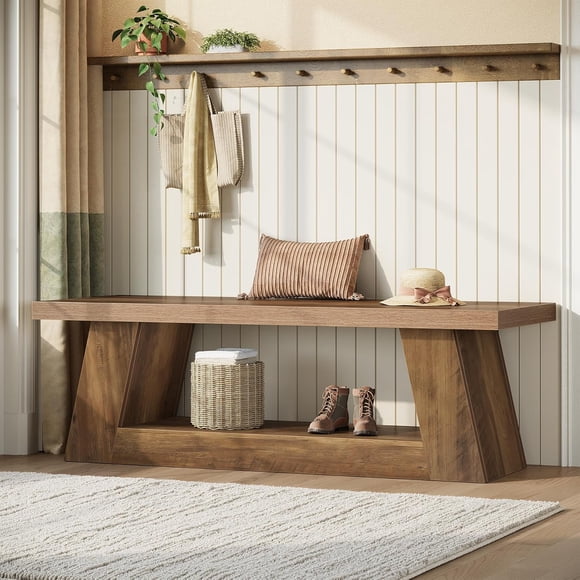 Tribesigns 63" Wooden Entryway Bench with Storage Shelf, Rustic Extra Long 2-Tier Narrow Hallway Seating Bench for Living Room, Bedroom, Kitchen,Brown