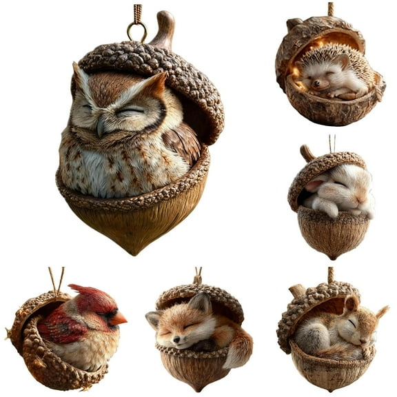 Woodland Acorn Forest Creature Figurines: 3D Resin] Pine Cone Animals for Christmas Tree Decoration & Sleeping Miniature Holiday Home Decor