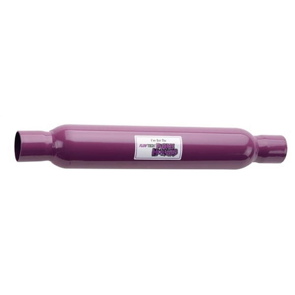 Flow Tech Exhaust Muffler 50225FLT Purple Hornies; 3-1/2 Inch Diameter Steel Case; Single 2-1/4 Inch Center Inlet; Single 2-1/4 Inch Center Outlet; 18 Inch Body/24 Inch Overall Length