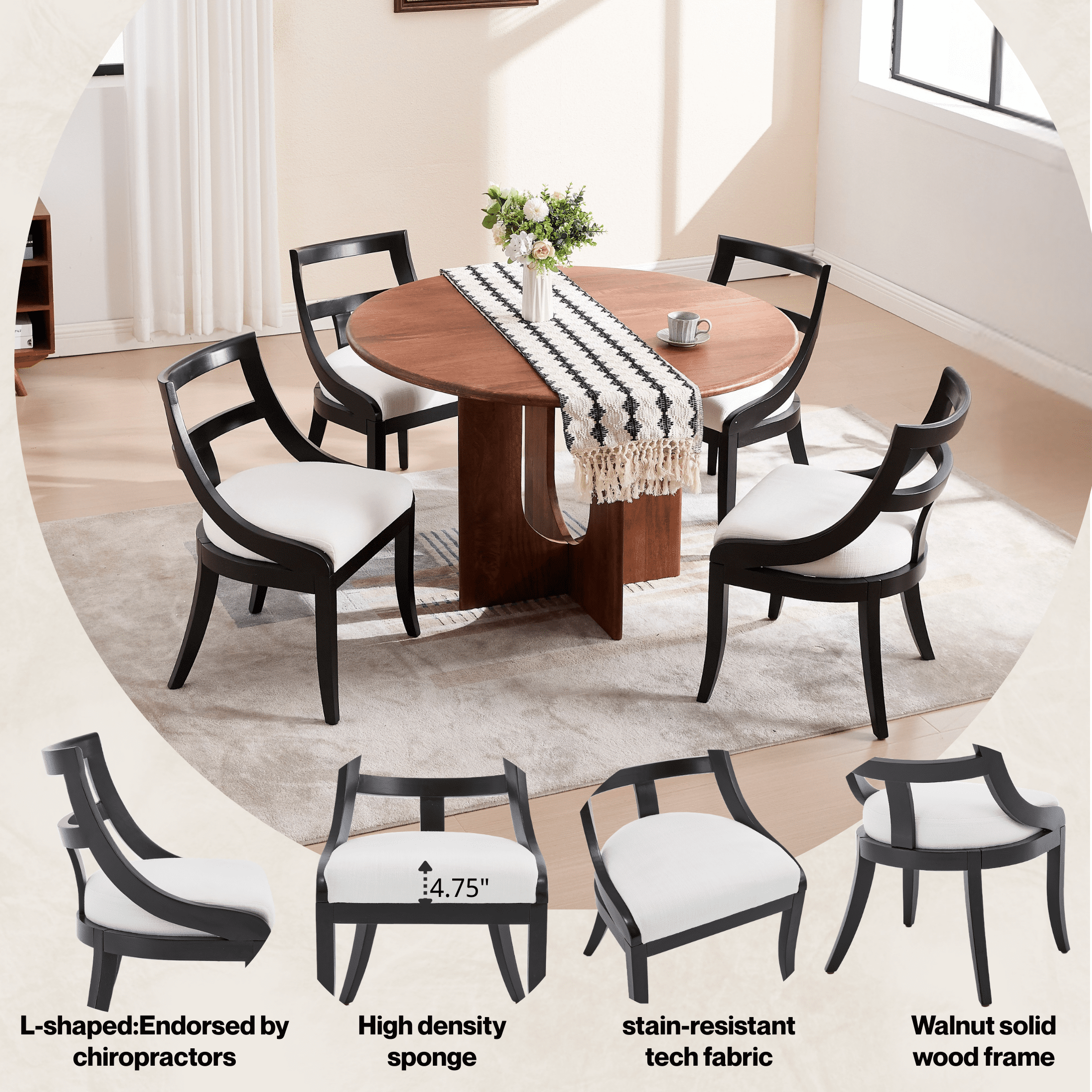 Guyou Modern Farmhouse Dining Chairs Mid Century Upholstered Dining Chair with Wooden Curved Back Kitchen Chairs for Dining Room Restaurant Cafe, Black-Linen Beige(Set of 4)