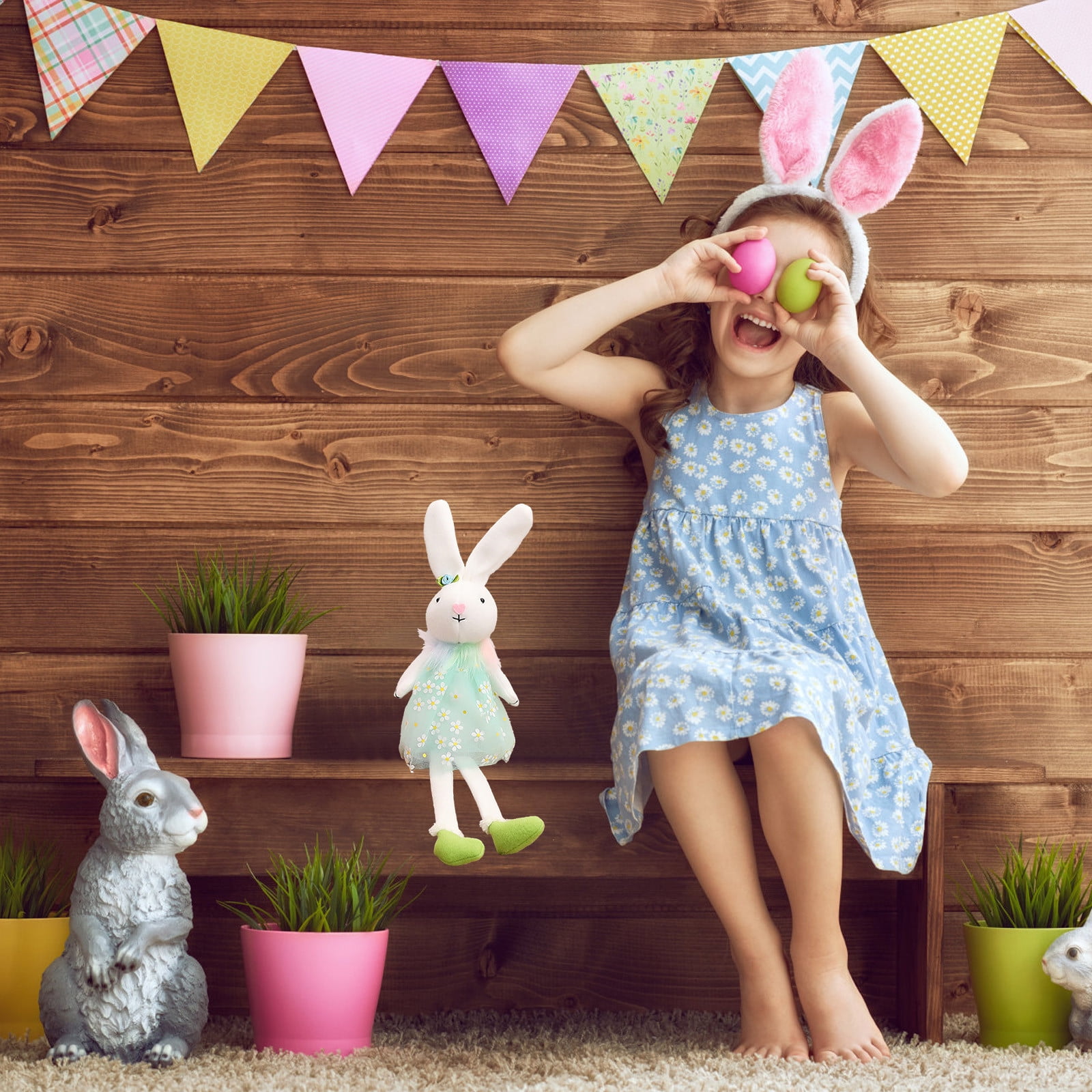 SHENGXINY Easter Bunny Plush, Fabric Bunny Rabbit Toy, Easter Decorations, Stuffed Animals,Standing Statue With Carrots Baskets For Layered Plates Table Decor Blue 17.32x5.91x5.91in