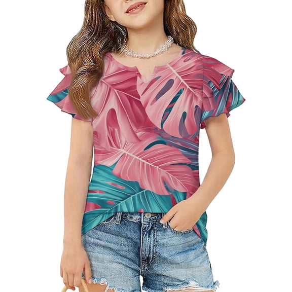 Abcomgle Girls Shirts Crewneck Hawaiian Palm Tree Print Girls Shirts Double Layer Ruffle Short Sleeve Tshirt Summer Casual Cotton Toddler Tops Girls