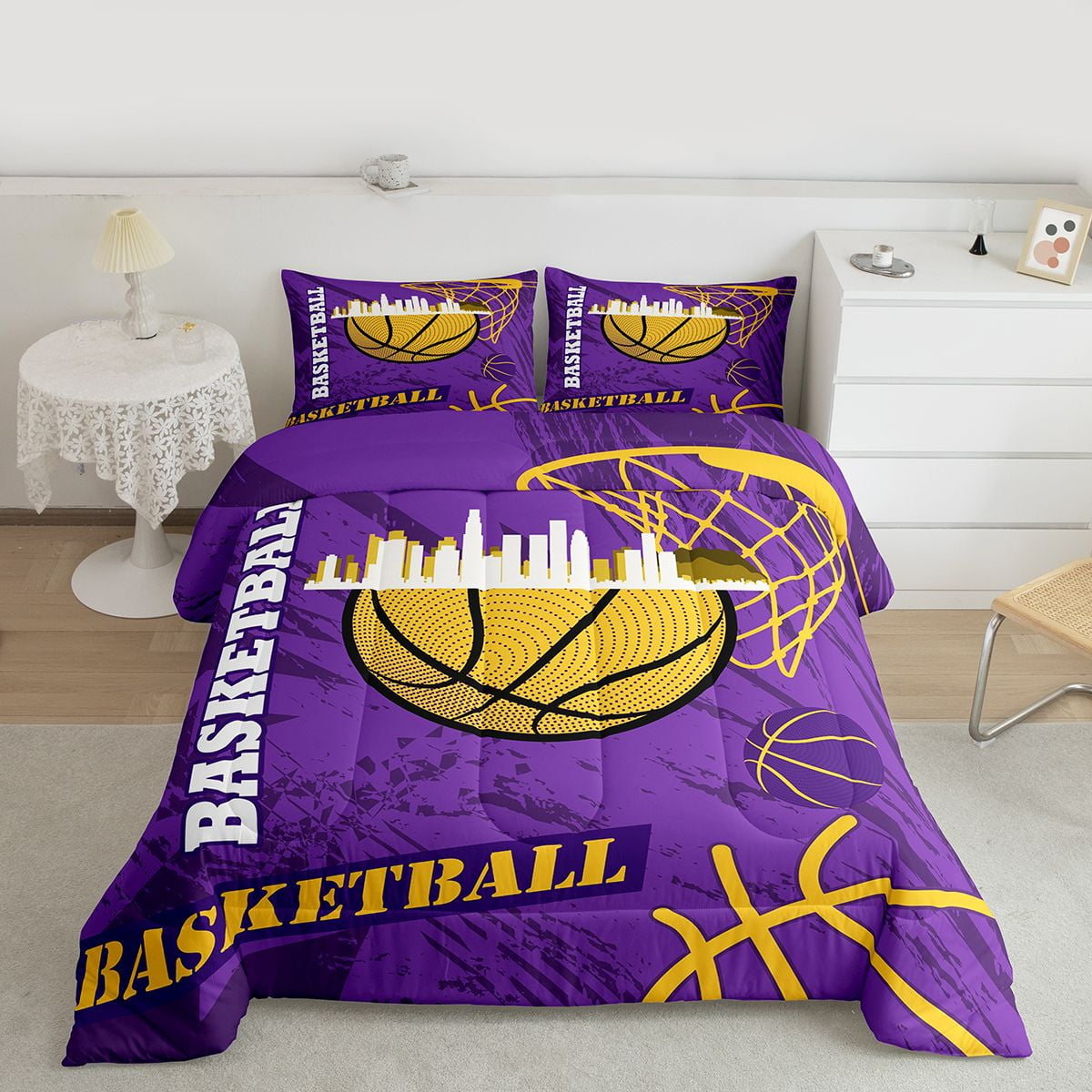 Feelyou Eat Basketball Sleep Bedding Comforter Set for Boys, Purple Gold Graffiti Twin Comforter Sets, Modern Sports Theme Reversible Bedding Set, Microfiber Bedroom Decor, 2-Piece