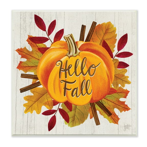 Stupell Industries Hello Fall Sentiment Orange Pumpkin Autumn Tree Leaves, 12 x 12, Designed by Jackie Quigley