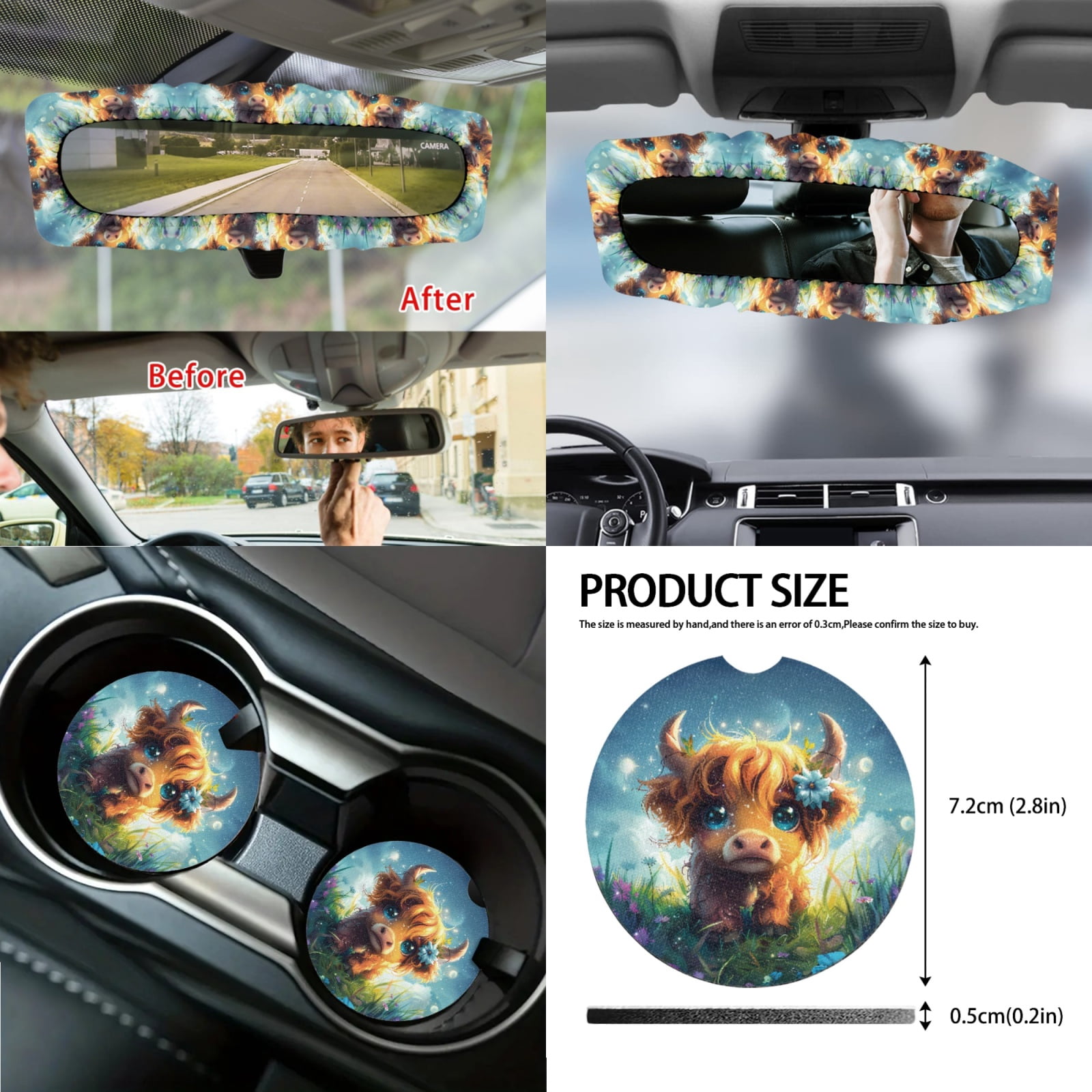 Yuyamidu Highland Cow Car Seat Covers Set 14pcs Cute Auto Seat Protector with Steering Wheel Cover Seat Belt Pads Garbage Bag Armrest Cover Handbrake Cover Set Rear View Mirror Protector Coasters