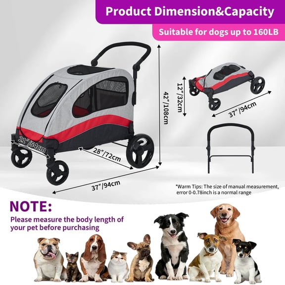 Acekid Foldable Dog Stroller for Large Dogs up to 160 Lbs, with 360° Rotating Wheels, Red