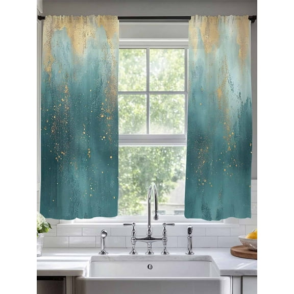 Modern Teal Gold Sheer Curtains 63 Inches Long 2 Panels Geometric Lines Abstract Light Filtering Semi Sheer Window Curtains Drapes for Bedroom Living Room 52"x63"
