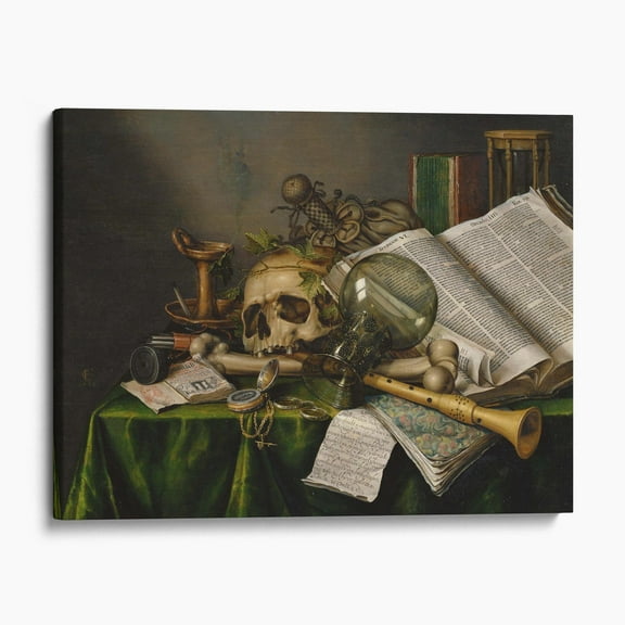 Vanitas Still Life with Books, Manuscripts and a Skull by Edwaert Collier Canvas Wall Art Print