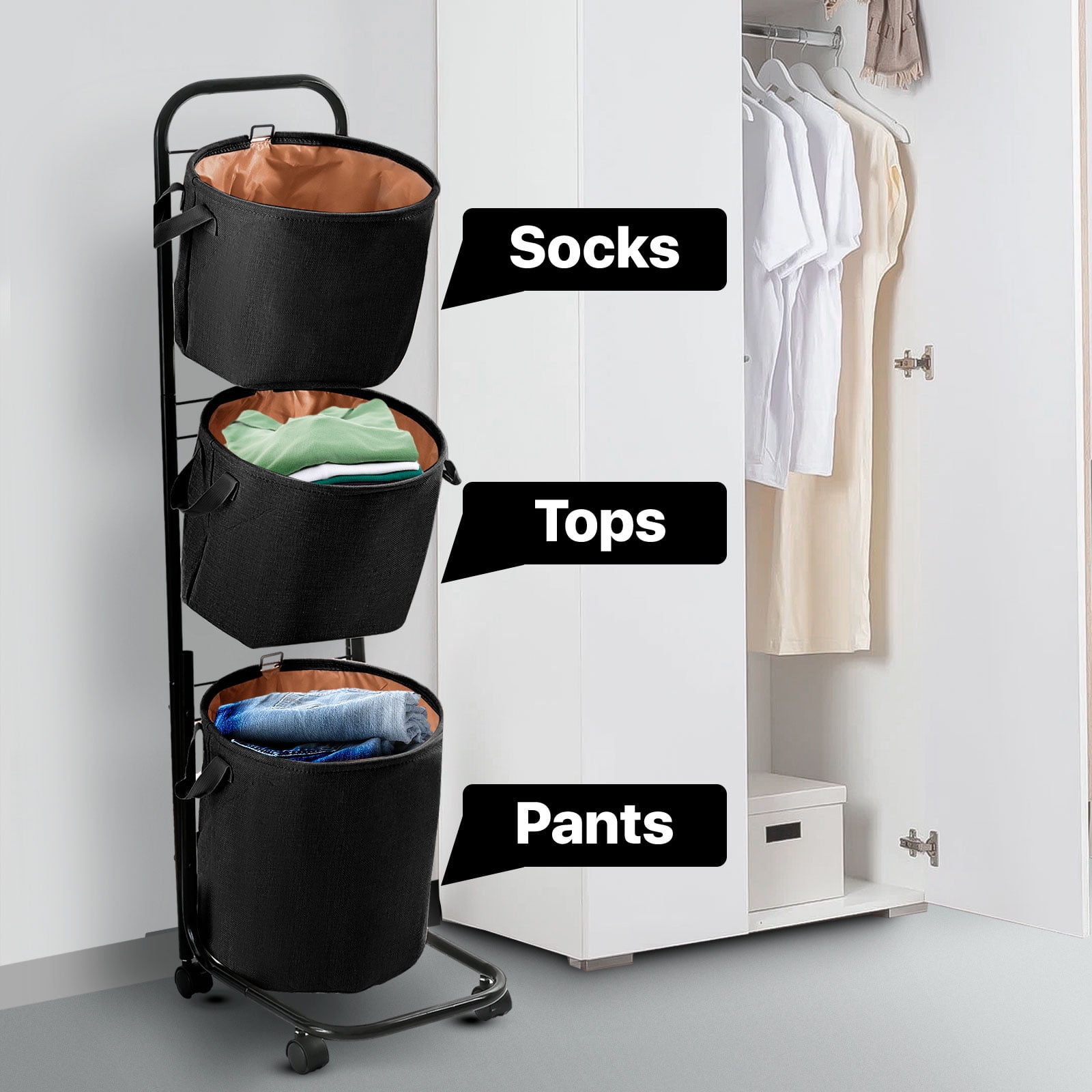 YOUPINS 3-Tier Laundry Hamper Sorter, Laundry Storage Organizer with Wheels Movable Rolling Laundry Baskets Cart, Bathroom Cart Clothes Shelf,Laundry Butler for Bathroom Bedroom Laundry Room, Black