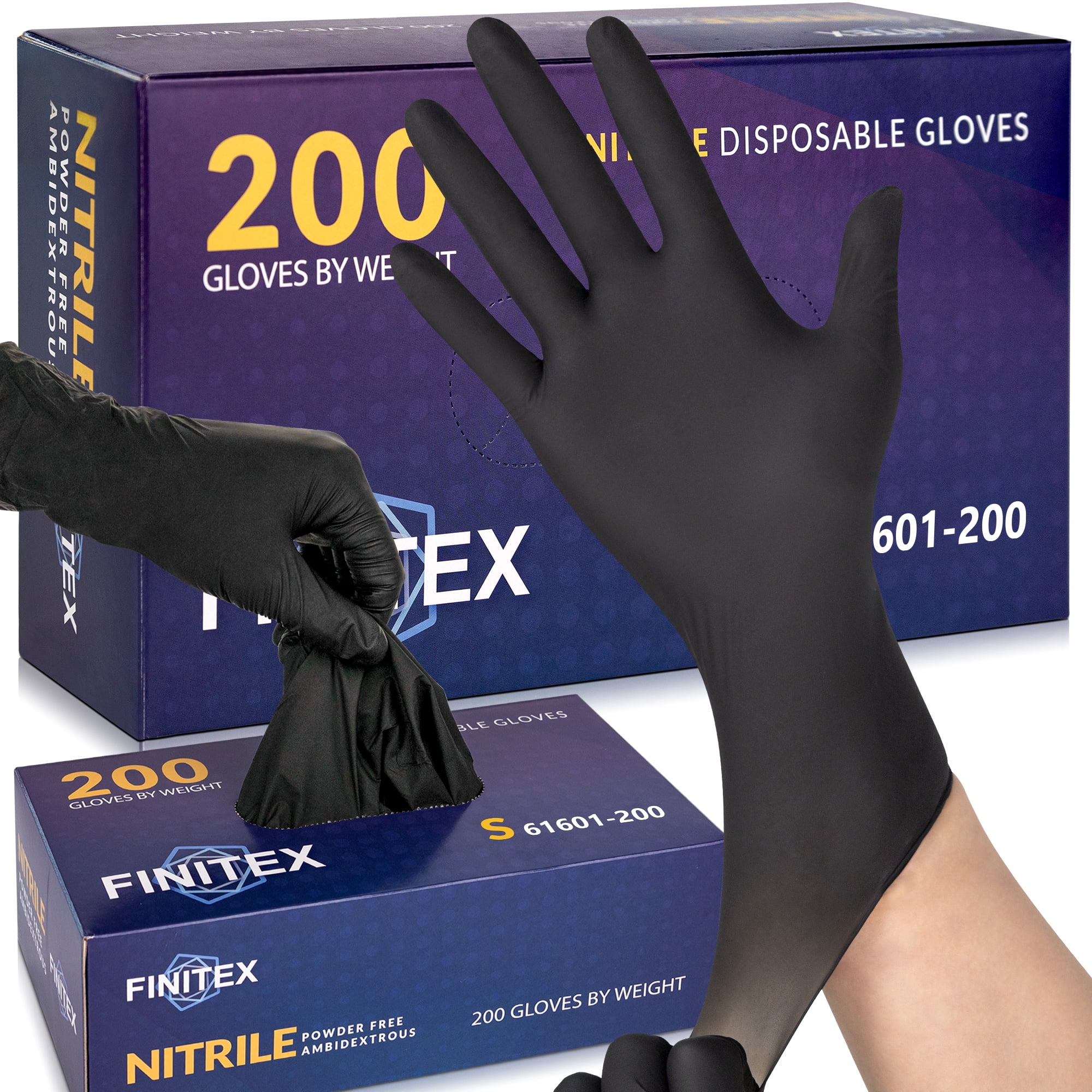 FINITEX 200 Count Nitrile Gloves Disposable, Powder-free, Latex-free Black Cooking Gloves for Food Prep, Meat Handling, Cleaning, Small