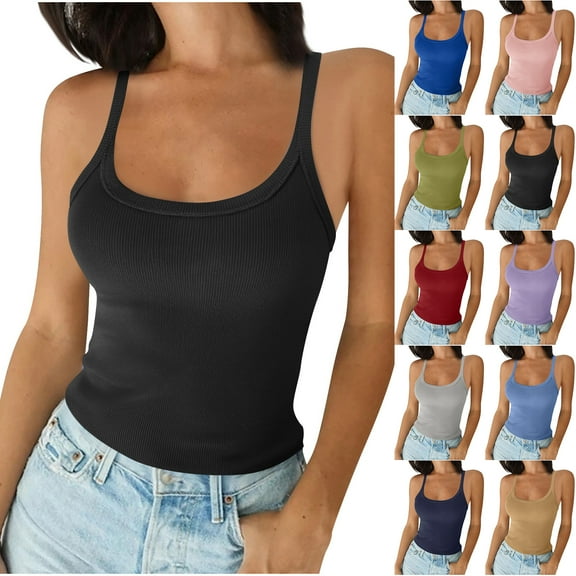 Otntypg Women Spaghetti Strap Scoop Neck Ribbed Knit Tank Tops Slim Fitted Cotton Camisole Basic Sleeveless Layering Shirts Blue XXXL