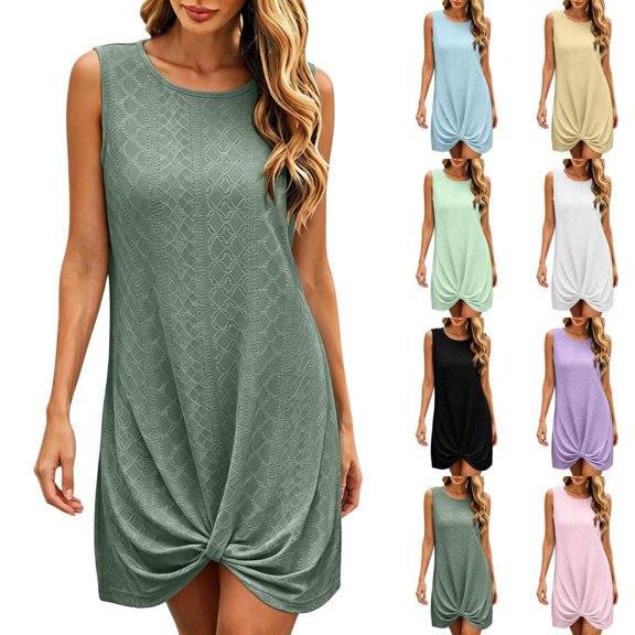 Bxsruta Women's Sleeveless Twist Knot Tunic Dress - Casual Crew Neck Knit Summer Mini Dress, Pullover Lightweight Soft Breathable Stretchy and Comfortable Fabric for Everyday Wear