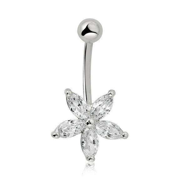 AVORA 10K White Gold Marquise-shape Simulated Diamond CZ Flower Belly Button Ring Body Jewelry (14 Gauge)
