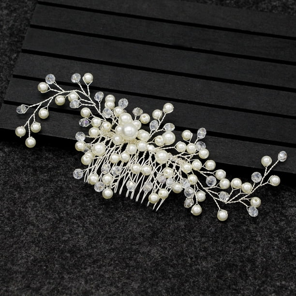 Nvzi Horquillas para el pelo de boda con flores para novias, peinetas con perlas de cristal, pinzas para el pelo, accesorios para el pelo de boda dorados, joyas, color blanco