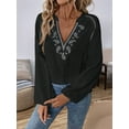 thumbnail image 2 of Women'S Boho Tops Long Sleeve V Neck Embroidery Blouse Linen Shirt Black XL, 2 of 8