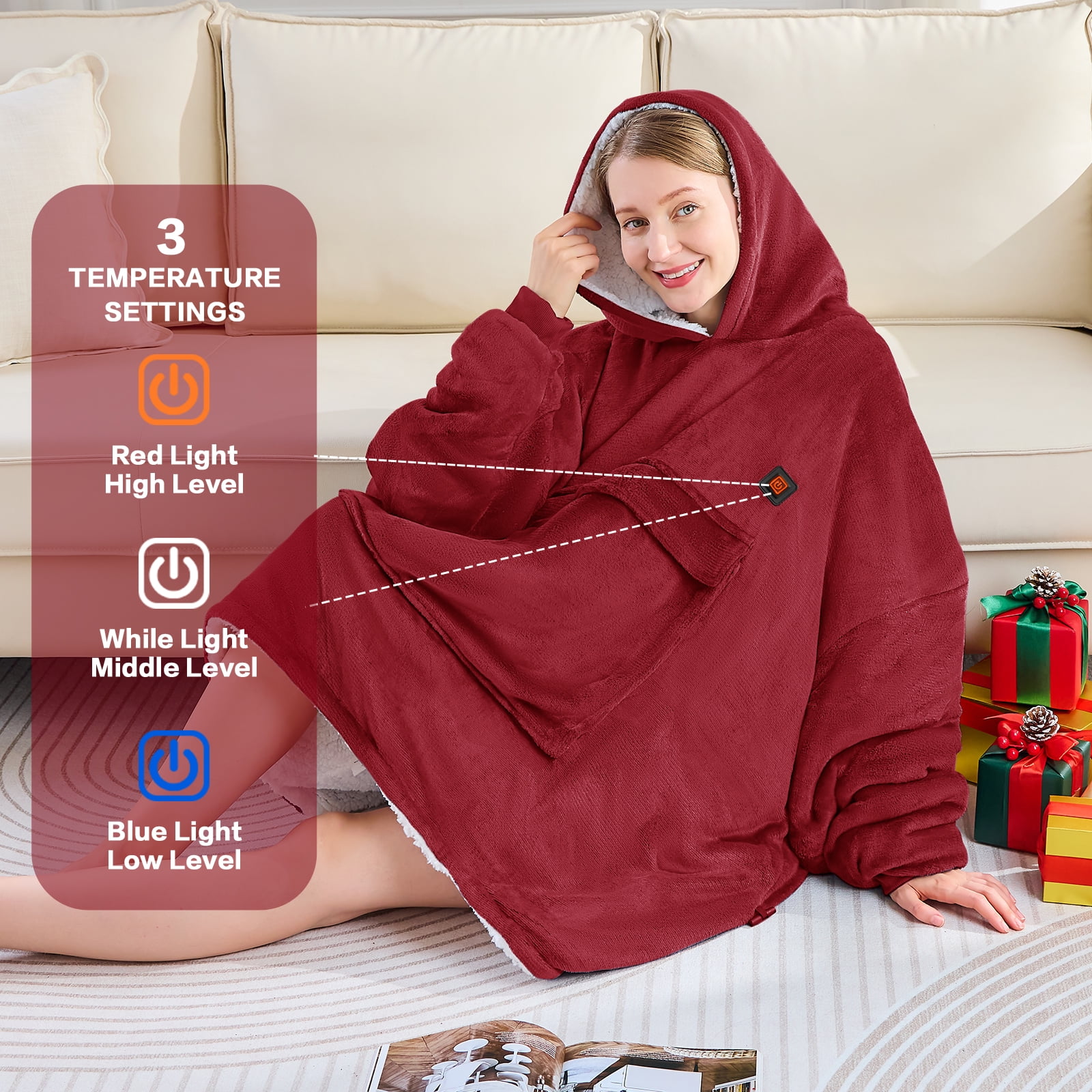 PMONPA Heated Wearable Blanket, Oversized Wearable Heated Blanket for Adult, Sherpa Fleece Blanket Hoodie, One Size, Burgundy