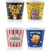 Modern Style Reusable Plastic Popcorn Containers / Popcorn Bowls Set for Movie Theater Night - Washable in the Dishwasher - (BPA Free-4 Pack) (Color: Yellow, Brown, Red/White and Blue Popcorn Boxes)
