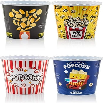 Modern Style Reusable Plastic Popcorn Containers / Popcorn s Set for Movie Theater Night - Washable in the Dishwasher - (BPA Free-4 Pack) (Color: Yellow, Brown, Red/White and Blue Popcorn Boxes)