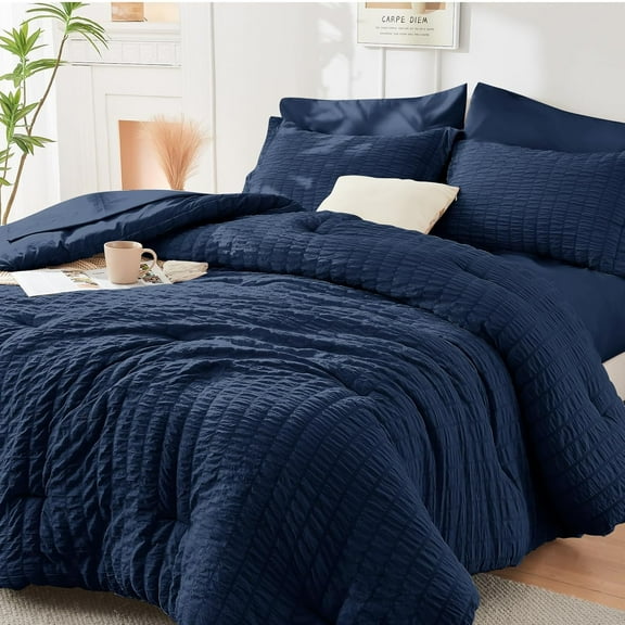 Navy Blue King Size Comforter Set Seersucker 7 Pieces, All Season Luxury Bed in a Bag for Bedroom, Bedding Set with Comforters, Sheets, Pillowcases & Shams