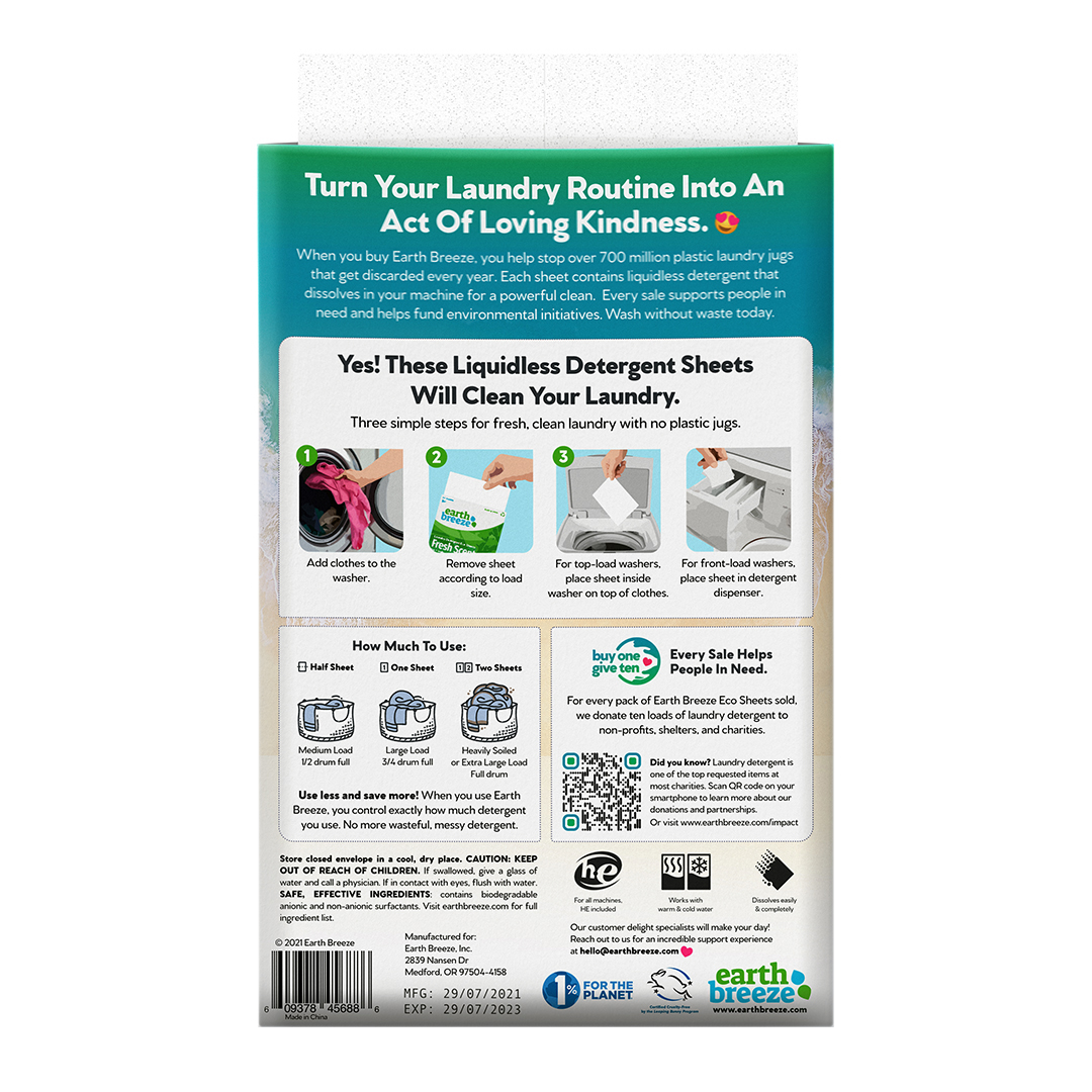 Earth Breeze Laundry Detergent Sheets - Fresh Scent - No Plastic Jug (60 Loads) 30 Sheets, Liquidless Technology - image 3 of 9
