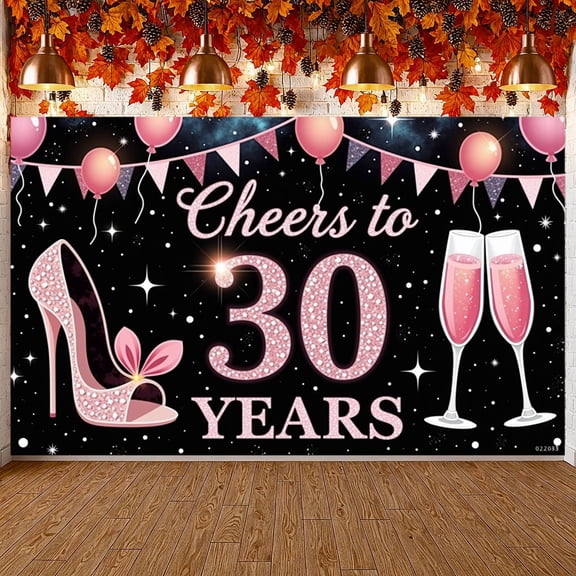 Glitter 30th Birthday Banner Pink Milestone Backdrop High Heels Champagne Glasses Women's 30th Background for 30th Birthday Party Women's Celebration Milestone Event