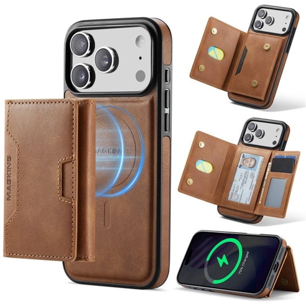 Funda para IPhone 17 Pro Max 6.9" RFID Funda Protectora con Bloqueo y Soporte Magsafe para 7 Ranuras para Tarjetas 2 en 1 Funda Protectora de Cuero a Prueba de Golpes con Tapa Desmontable, Marrón