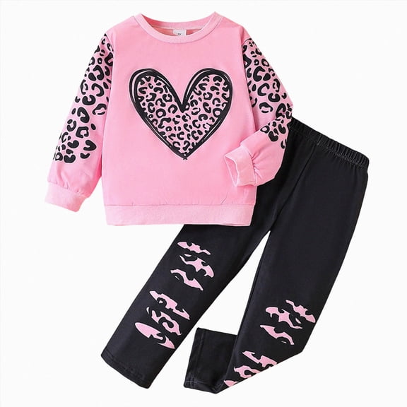 NOLDARES Baby Kids Girls Fall Winter Outfits Clothing 2pcs Long Sleeve Round Neck Tee and Pants Cute Print Clothes Set(Pink,5-6 Y)