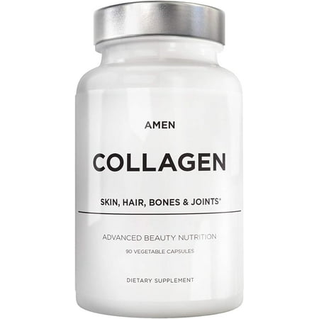 Amen Multi Collagen Peptides Capsules with Hyaluronic Acid and Vitamin C - 5 Types of Collagen Protein Type I, II, III, V, X - Grass Fed - Hydrolyzed - Amino Acids - Collagen Supplement - 90 Pills