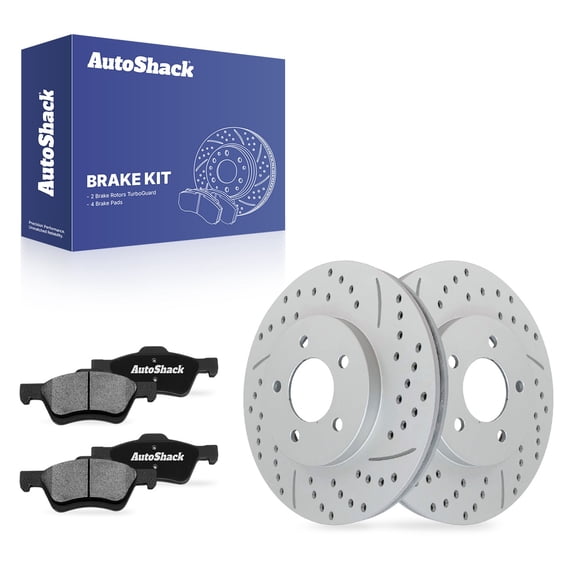 AutoShack Front Vented Drilled & Slotted Coated Brake Rotors Silver Matte Finish   Ceramic Pads 6-PC Brake Kit Replacement for 2005-2010 Ford Escape TurboGuard 11.92" (302.7 mm)