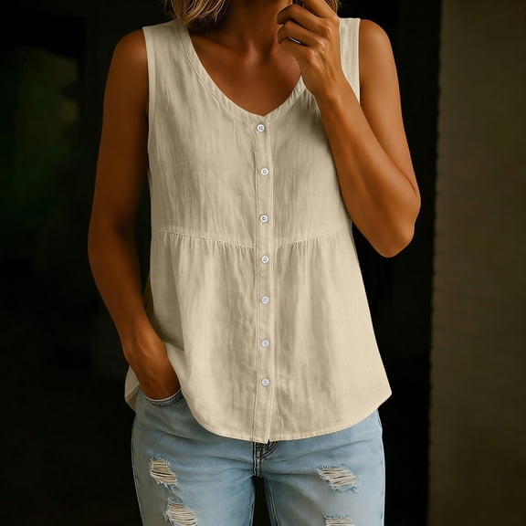 EazyTech Womens Tank Tops Cotton Linen Button Down Shirts V-Neck Sleeveless Gauze Cardigan Summer Casual Flowy Blouses
