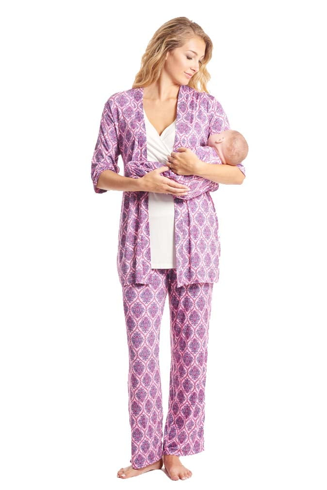 Everly Grey WomensRoxanne 5 Piece Maternity and Nursing PJ Pant Set with Robe and Matching Baby Gown