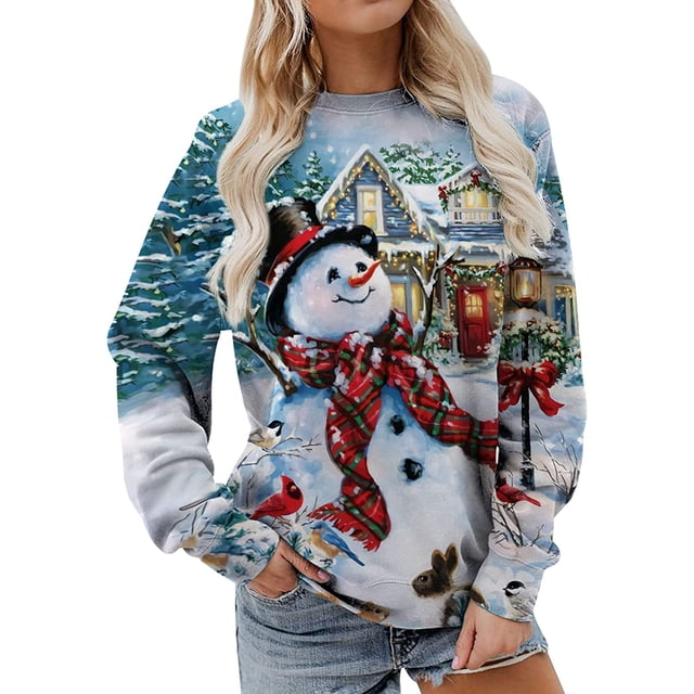 Sudaderas navideñas para mujer Cuello casual Manga larga Estampado gráfico Camisetas Pullover Tops Pompotops gfhjh10157