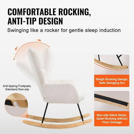 Teddy Fabric Glider Rocking Chair - Soft Seat, High Backrest, 250 lbs Capacity, Upholstered Nursery Glider Rocker for Bedroom, Living Room, Ivory White