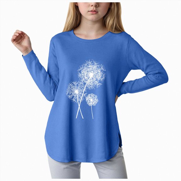 Girl Shirts Long Sleeve T Shirt Curve Hem Clothes for Girls Side Slit Breathable Lightweight Travel School Blue 13-14 Years