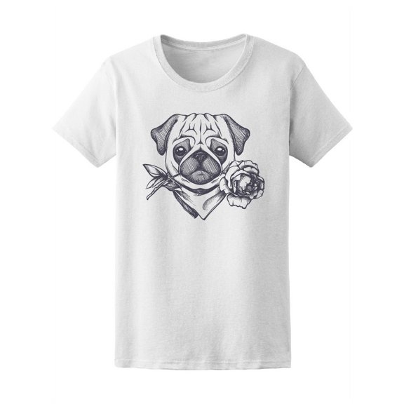Cute Pug Dog With Flower Sketch T-Shirt Women -Image by Shutterstock, Female Large